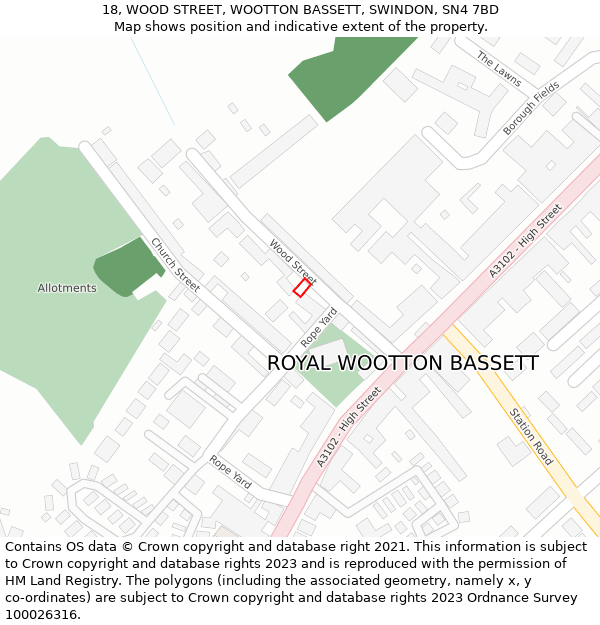 18, WOOD STREET, WOOTTON BASSETT, SWINDON, SN4 7BD: Location map and indicative extent of plot