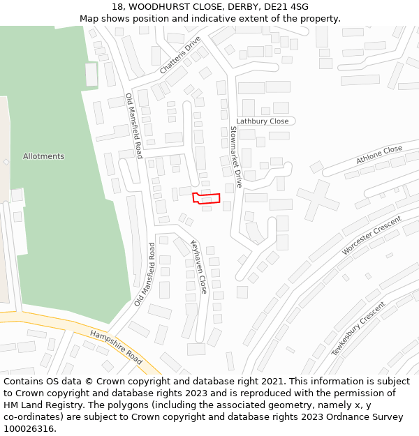 18, WOODHURST CLOSE, DERBY, DE21 4SG: Location map and indicative extent of plot
