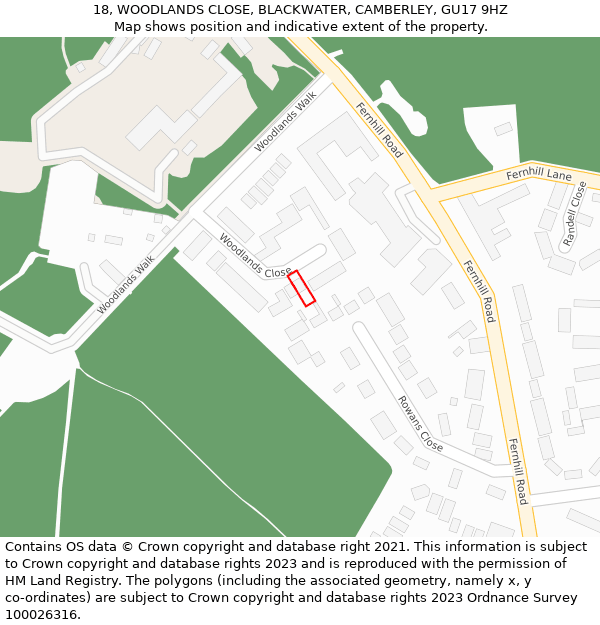 18, WOODLANDS CLOSE, BLACKWATER, CAMBERLEY, GU17 9HZ: Location map and indicative extent of plot