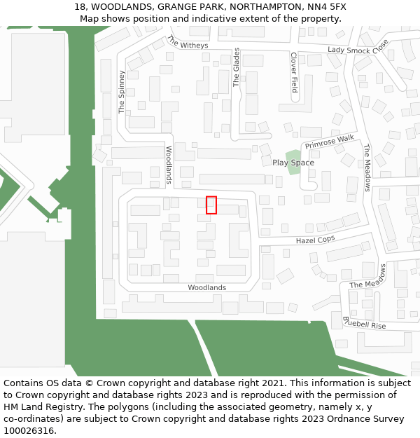18, WOODLANDS, GRANGE PARK, NORTHAMPTON, NN4 5FX: Location map and indicative extent of plot
