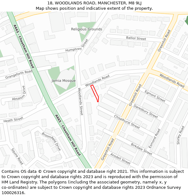 18, WOODLANDS ROAD, MANCHESTER, M8 9LJ: Location map and indicative extent of plot