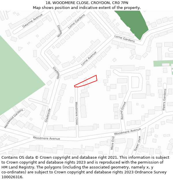 18, WOODMERE CLOSE, CROYDON, CR0 7PN: Location map and indicative extent of plot