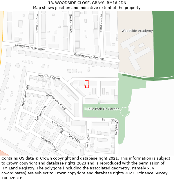 18, WOODSIDE CLOSE, GRAYS, RM16 2DN: Location map and indicative extent of plot