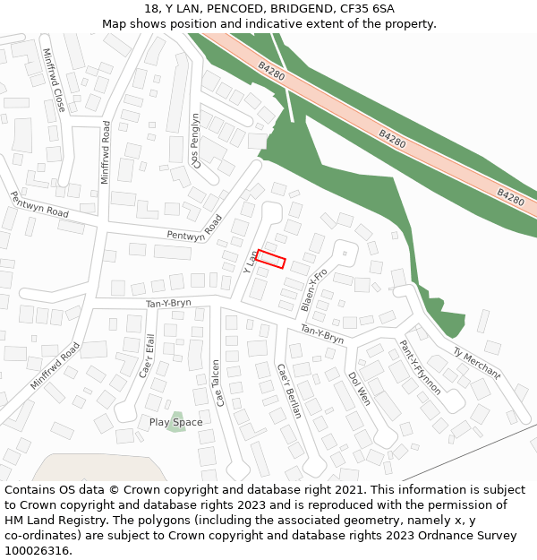 18, Y LAN, PENCOED, BRIDGEND, CF35 6SA: Location map and indicative extent of plot