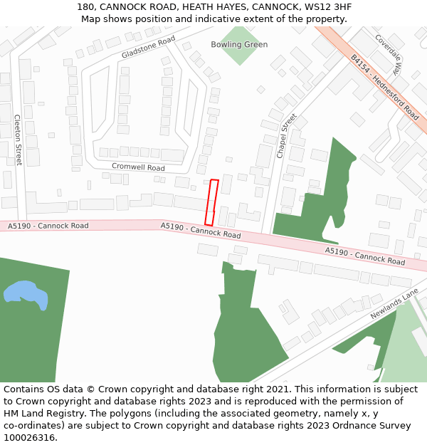 180, CANNOCK ROAD, HEATH HAYES, CANNOCK, WS12 3HF: Location map and indicative extent of plot