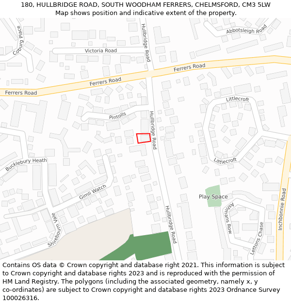 180, HULLBRIDGE ROAD, SOUTH WOODHAM FERRERS, CHELMSFORD, CM3 5LW: Location map and indicative extent of plot