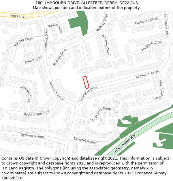 180, LAMBOURN DRIVE, ALLESTREE, DERBY, DE22 2US: Location map and indicative extent of plot