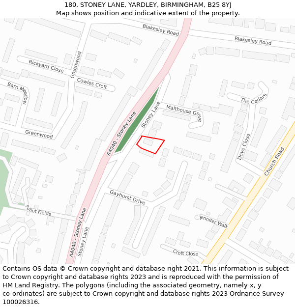 180, STONEY LANE, YARDLEY, BIRMINGHAM, B25 8YJ: Location map and indicative extent of plot