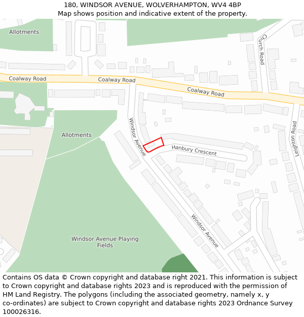 180, WINDSOR AVENUE, WOLVERHAMPTON, WV4 4BP: Location map and indicative extent of plot