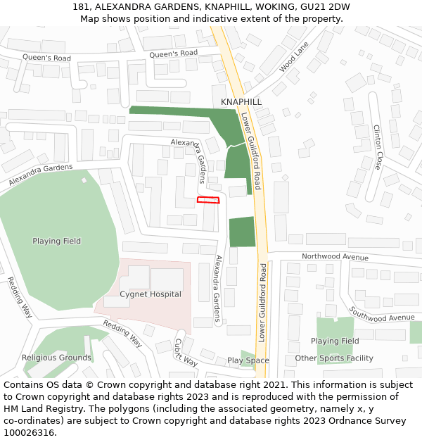 181, ALEXANDRA GARDENS, KNAPHILL, WOKING, GU21 2DW: Location map and indicative extent of plot