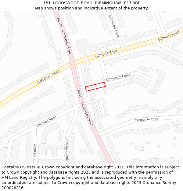 181, LORDSWOOD ROAD, BIRMINGHAM, B17 9BP: Location map and indicative extent of plot