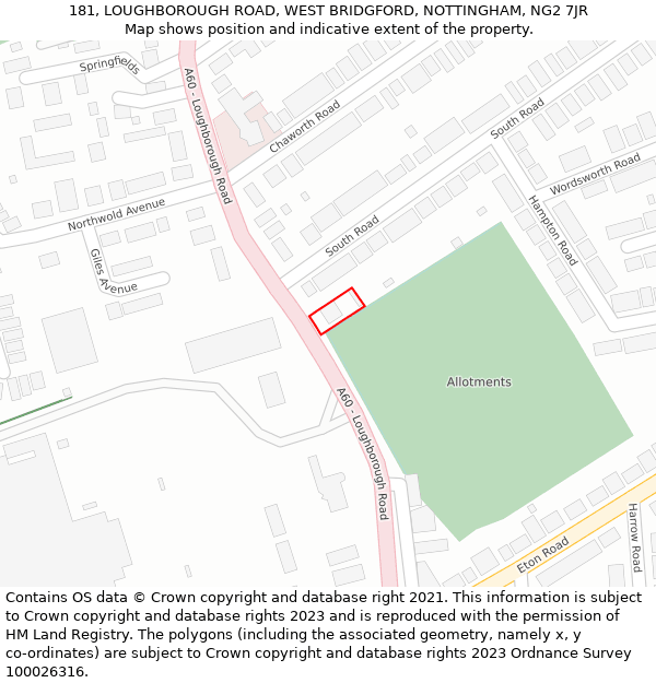 181, LOUGHBOROUGH ROAD, WEST BRIDGFORD, NOTTINGHAM, NG2 7JR: Location map and indicative extent of plot