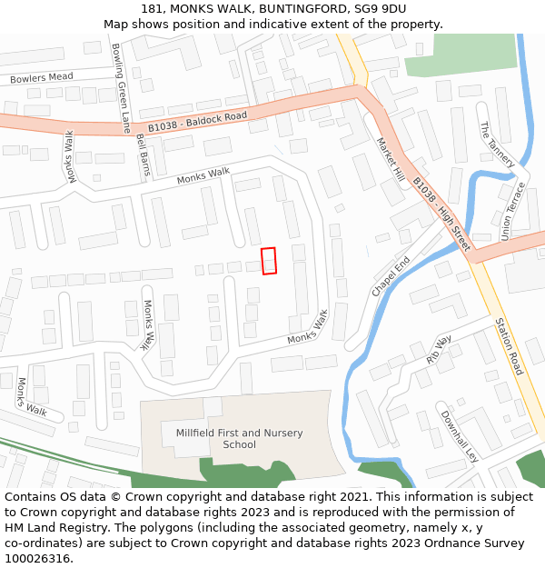 181, MONKS WALK, BUNTINGFORD, SG9 9DU: Location map and indicative extent of plot