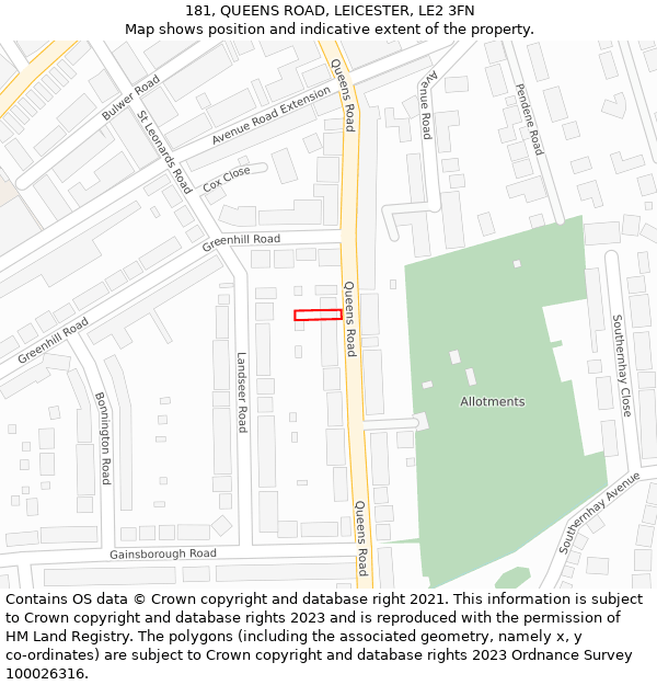 181, QUEENS ROAD, LEICESTER, LE2 3FN: Location map and indicative extent of plot
