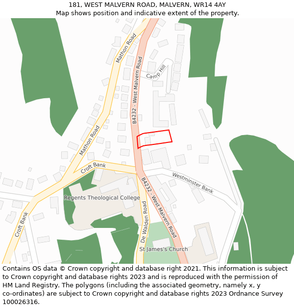 181, WEST MALVERN ROAD, MALVERN, WR14 4AY: Location map and indicative extent of plot