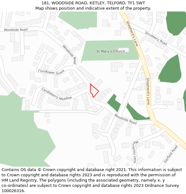 181, WOODSIDE ROAD, KETLEY, TELFORD, TF1 5WT: Location map and indicative extent of plot