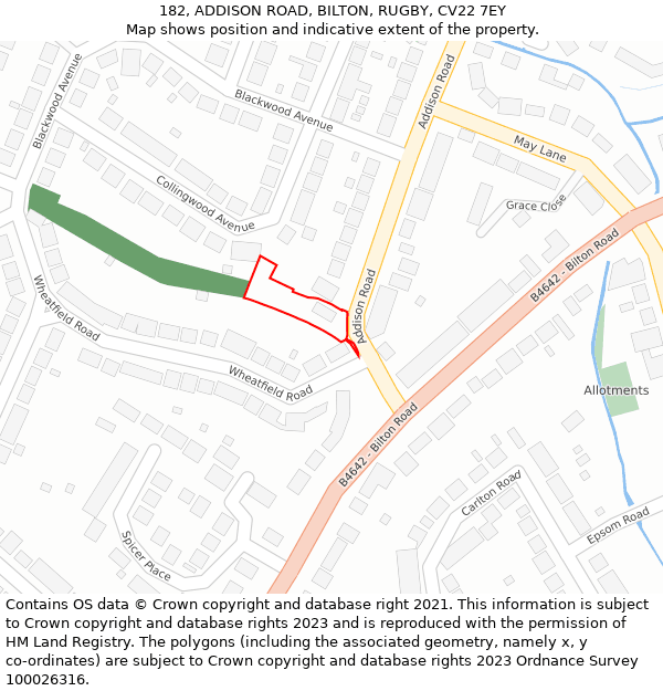 182, ADDISON ROAD, BILTON, RUGBY, CV22 7EY: Location map and indicative extent of plot