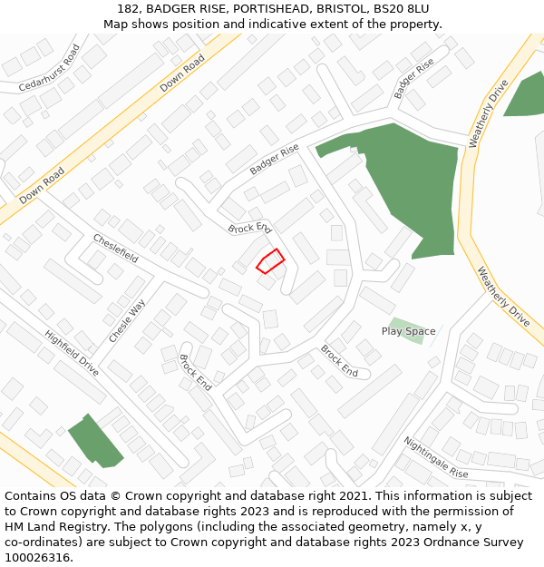 182, BADGER RISE, PORTISHEAD, BRISTOL, BS20 8LU: Location map and indicative extent of plot