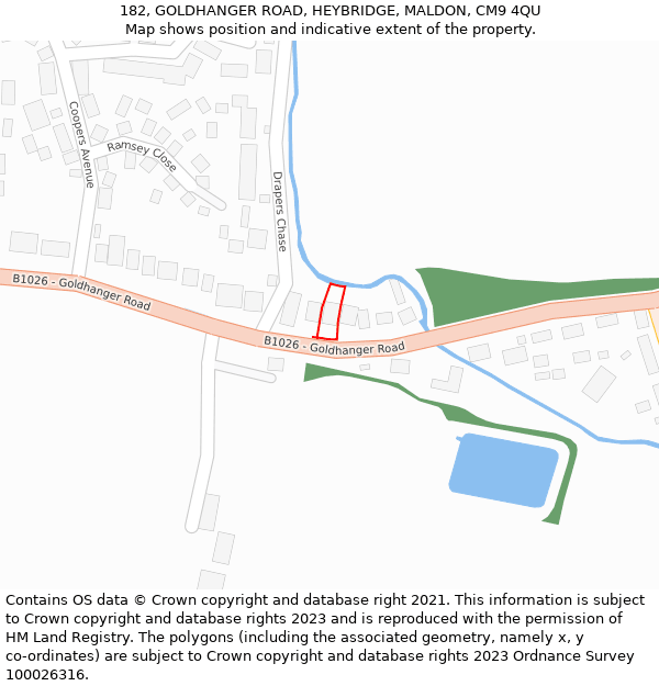 182, GOLDHANGER ROAD, HEYBRIDGE, MALDON, CM9 4QU: Location map and indicative extent of plot