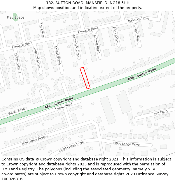 182, SUTTON ROAD, MANSFIELD, NG18 5HH: Location map and indicative extent of plot