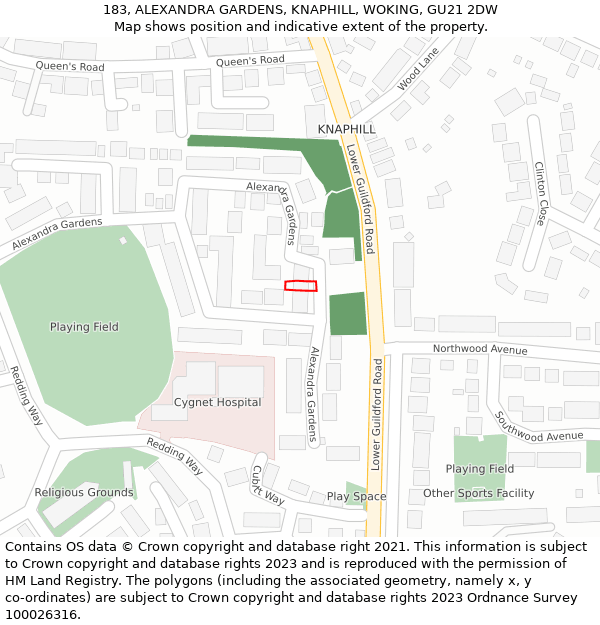 183, ALEXANDRA GARDENS, KNAPHILL, WOKING, GU21 2DW: Location map and indicative extent of plot