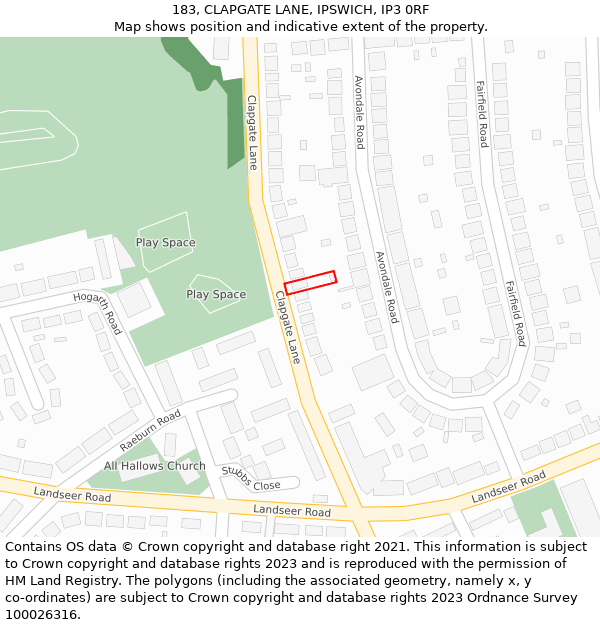 183, CLAPGATE LANE, IPSWICH, IP3 0RF: Location map and indicative extent of plot