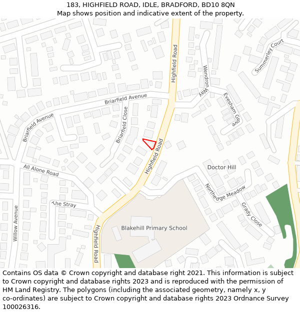 183, HIGHFIELD ROAD, IDLE, BRADFORD, BD10 8QN: Location map and indicative extent of plot