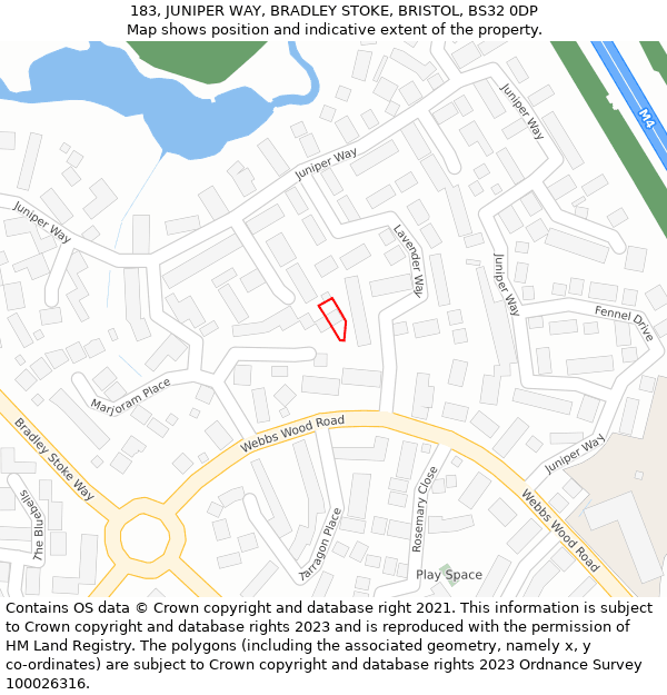 183, JUNIPER WAY, BRADLEY STOKE, BRISTOL, BS32 0DP: Location map and indicative extent of plot