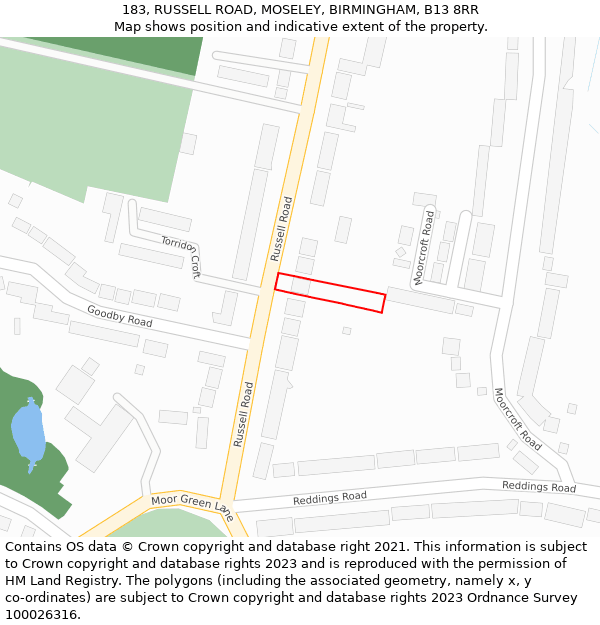 183, RUSSELL ROAD, MOSELEY, BIRMINGHAM, B13 8RR: Location map and indicative extent of plot