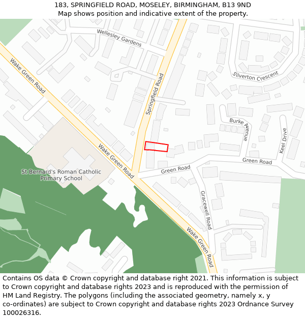 183, SPRINGFIELD ROAD, MOSELEY, BIRMINGHAM, B13 9ND: Location map and indicative extent of plot