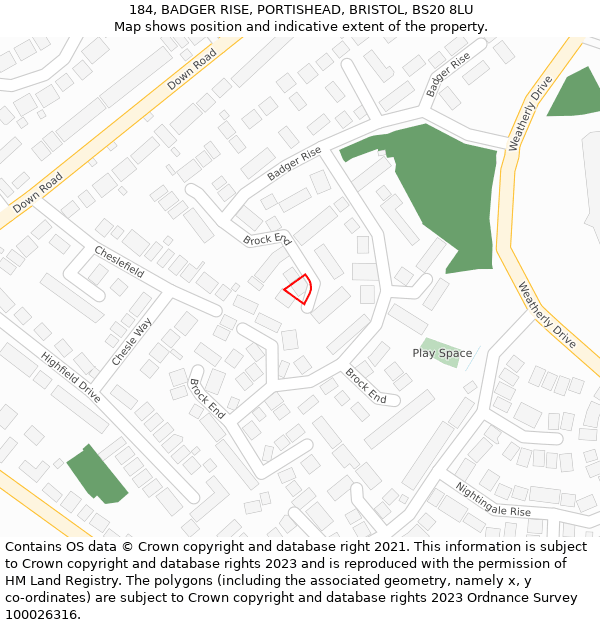 184, BADGER RISE, PORTISHEAD, BRISTOL, BS20 8LU: Location map and indicative extent of plot