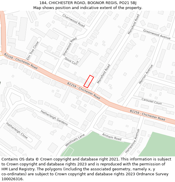 184, CHICHESTER ROAD, BOGNOR REGIS, PO21 5BJ: Location map and indicative extent of plot