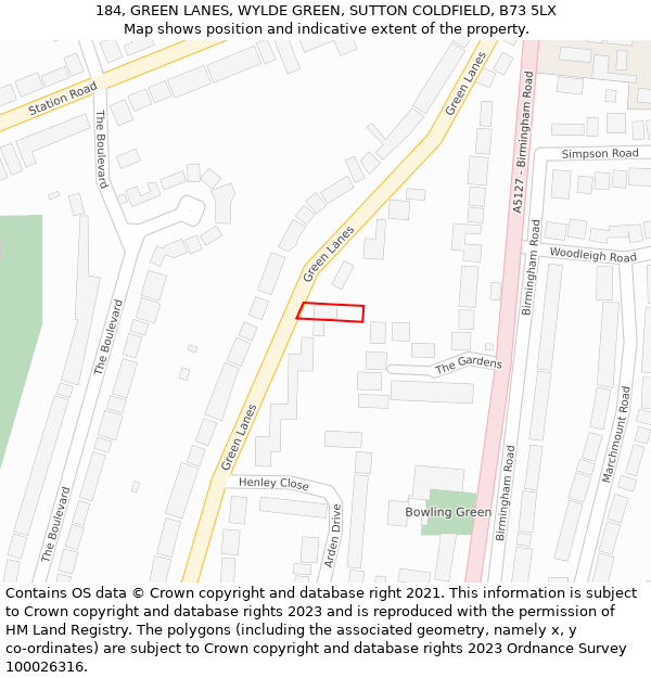 184, GREEN LANES, WYLDE GREEN, SUTTON COLDFIELD, B73 5LX: Location map and indicative extent of plot