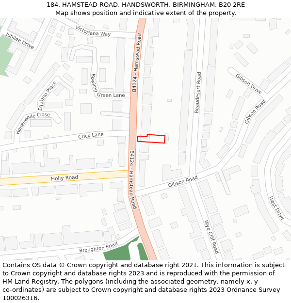 184, HAMSTEAD ROAD, HANDSWORTH, BIRMINGHAM, B20 2RE: Location map and indicative extent of plot