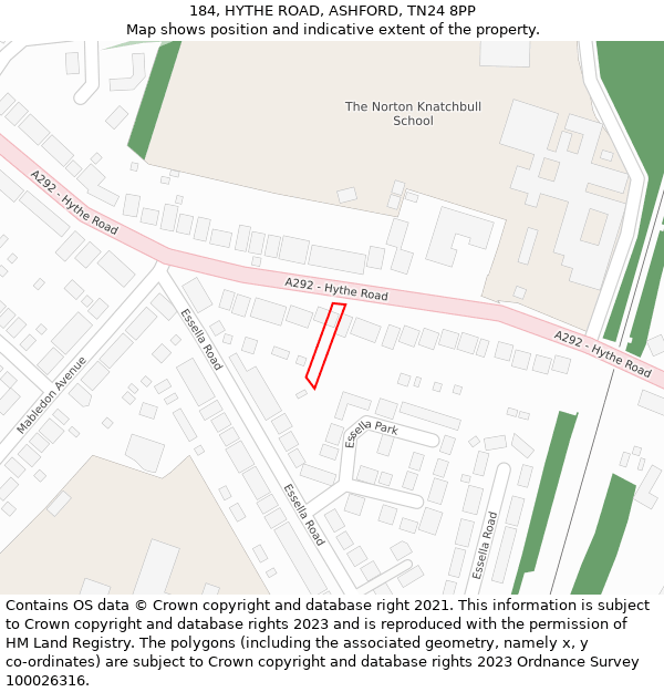 184, HYTHE ROAD, ASHFORD, TN24 8PP: Location map and indicative extent of plot