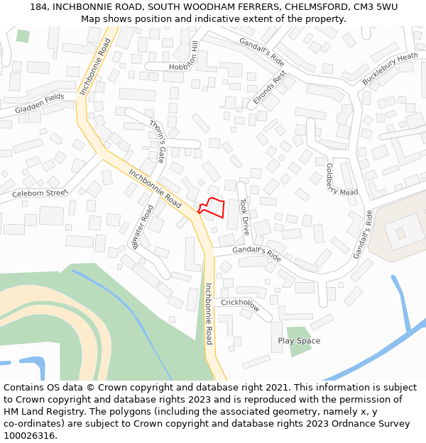 184, INCHBONNIE ROAD, SOUTH WOODHAM FERRERS, CHELMSFORD, CM3 5WU: Location map and indicative extent of plot