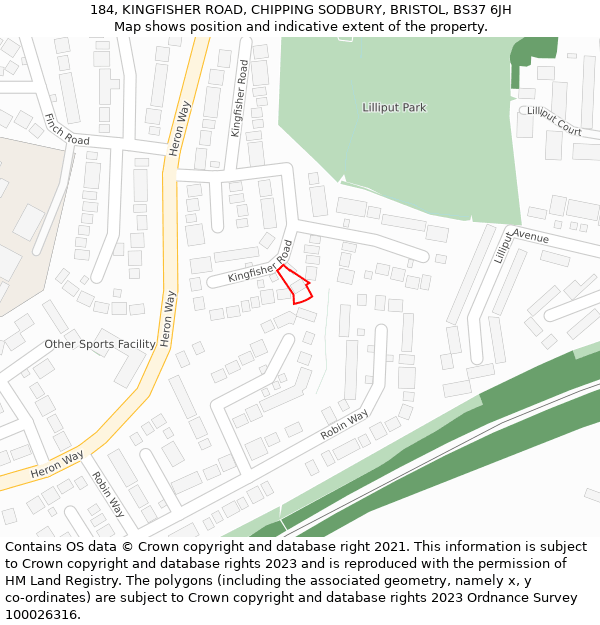 184, KINGFISHER ROAD, CHIPPING SODBURY, BRISTOL, BS37 6JH: Location map and indicative extent of plot