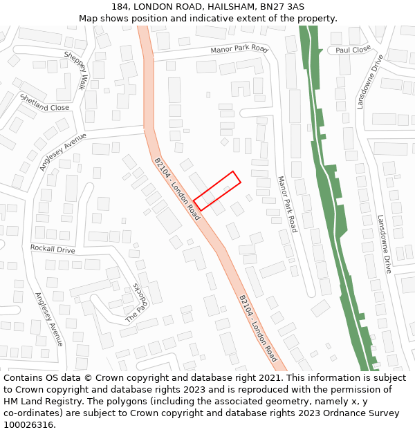 184, LONDON ROAD, HAILSHAM, BN27 3AS: Location map and indicative extent of plot