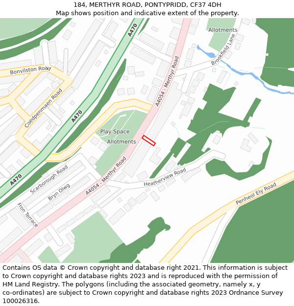 184, MERTHYR ROAD, PONTYPRIDD, CF37 4DH: Location map and indicative extent of plot