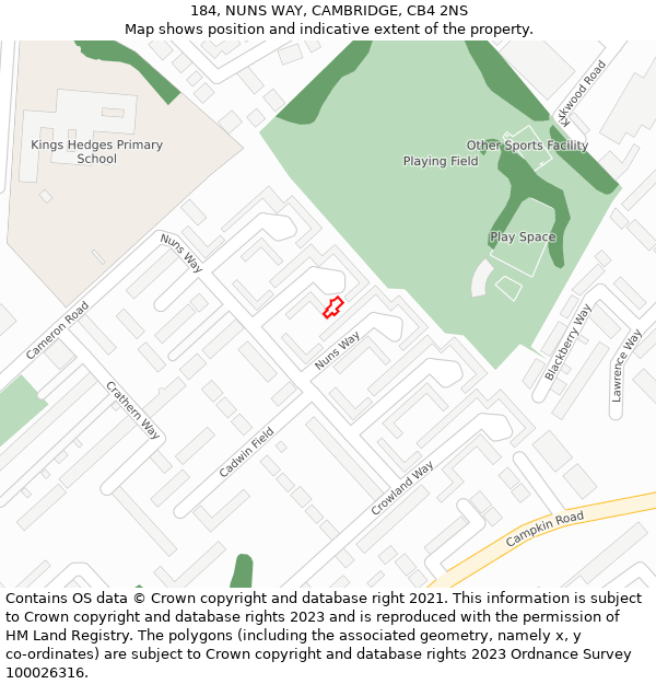 184, NUNS WAY, CAMBRIDGE, CB4 2NS: Location map and indicative extent of plot