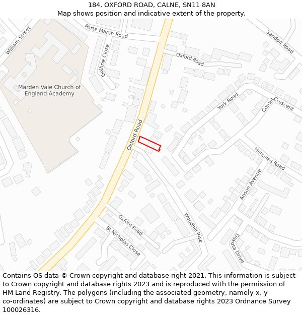 184, OXFORD ROAD, CALNE, SN11 8AN: Location map and indicative extent of plot