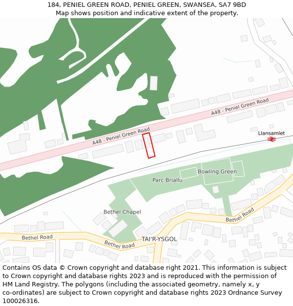 184, PENIEL GREEN ROAD, PENIEL GREEN, SWANSEA, SA7 9BD: Location map and indicative extent of plot