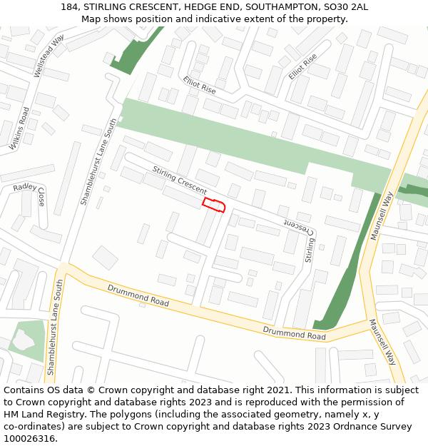 184, STIRLING CRESCENT, HEDGE END, SOUTHAMPTON, SO30 2AL: Location map and indicative extent of plot