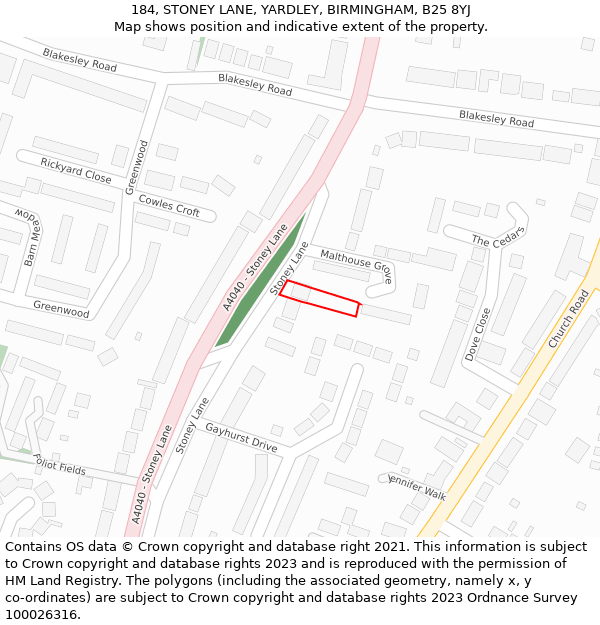 184, STONEY LANE, YARDLEY, BIRMINGHAM, B25 8YJ: Location map and indicative extent of plot