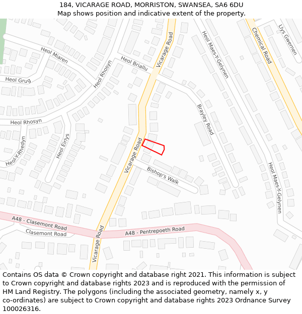 184, VICARAGE ROAD, MORRISTON, SWANSEA, SA6 6DU: Location map and indicative extent of plot