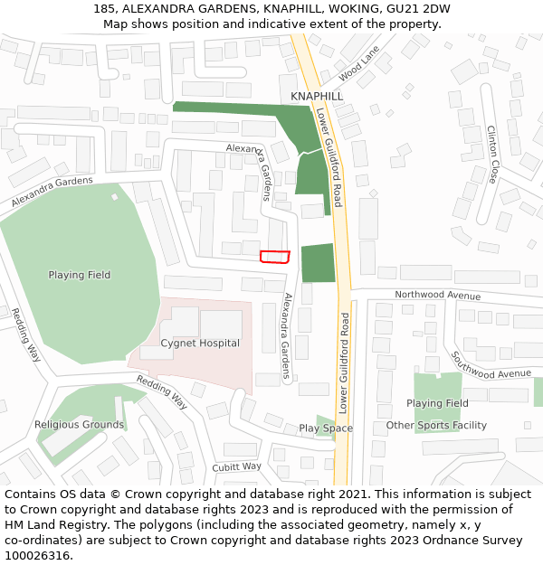 185, ALEXANDRA GARDENS, KNAPHILL, WOKING, GU21 2DW: Location map and indicative extent of plot