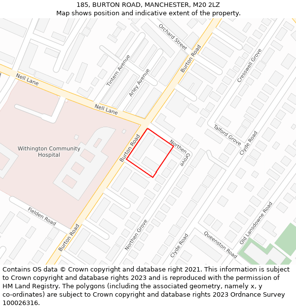 185, BURTON ROAD, MANCHESTER, M20 2LZ: Location map and indicative extent of plot