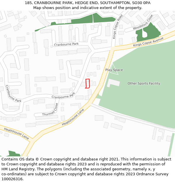 185, CRANBOURNE PARK, HEDGE END, SOUTHAMPTON, SO30 0PA: Location map and indicative extent of plot