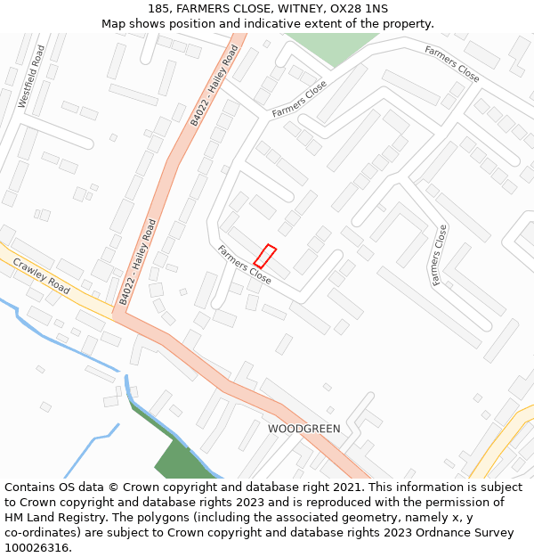 185, FARMERS CLOSE, WITNEY, OX28 1NS: Location map and indicative extent of plot