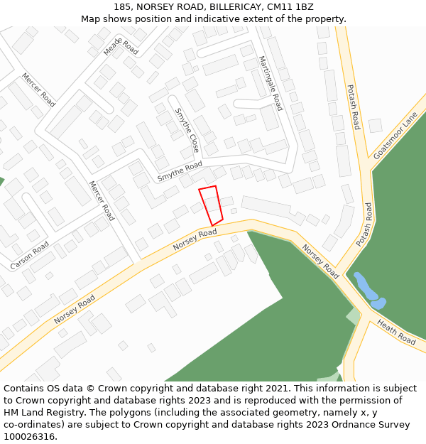 185, NORSEY ROAD, BILLERICAY, CM11 1BZ: Location map and indicative extent of plot